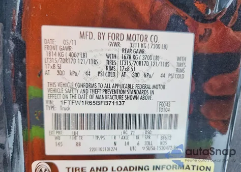 2011 Ford F150 Svt Raptor z USA, uszkodzony, nr VIN 1FTFW1R65BFB71137